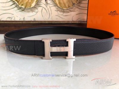 AAA Grade Hermes Reversible Black Leather Belt - Brushed Palladium H Buckle